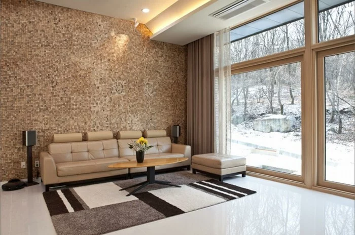 Ideen für Wandgestaltung mit Wandtapeten und Ledermöbel im Wohnzimmer