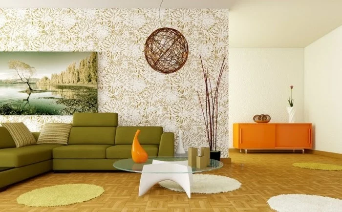 wohneinrichtung ideen retro wohnzimmer einrichten grünes sofa runde teppiche