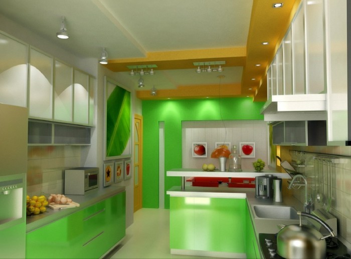 wohnideen küche grüne küchenschränke einbauleuchten rote akzente