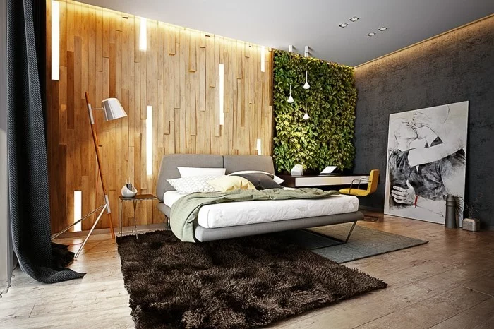 wohnung einrichten ideen schlafzimmer umweltstil brauner teppich vertikaler garten