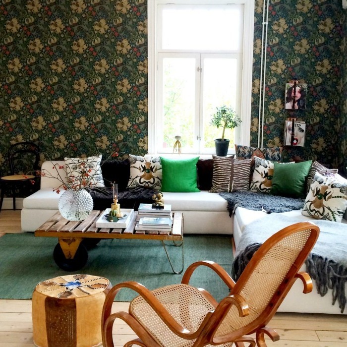 wohnungsgestaltung wohnzimmer schönes wanddesign grüner teppich