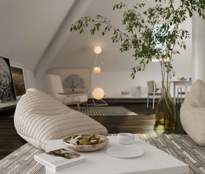 wohnzimmer einrichten sitzsäcke dachschräge eleganter teppich pflanzen