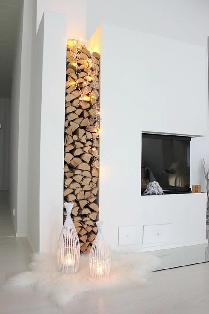wohnzimmer ideen- kamin design nische brennholz