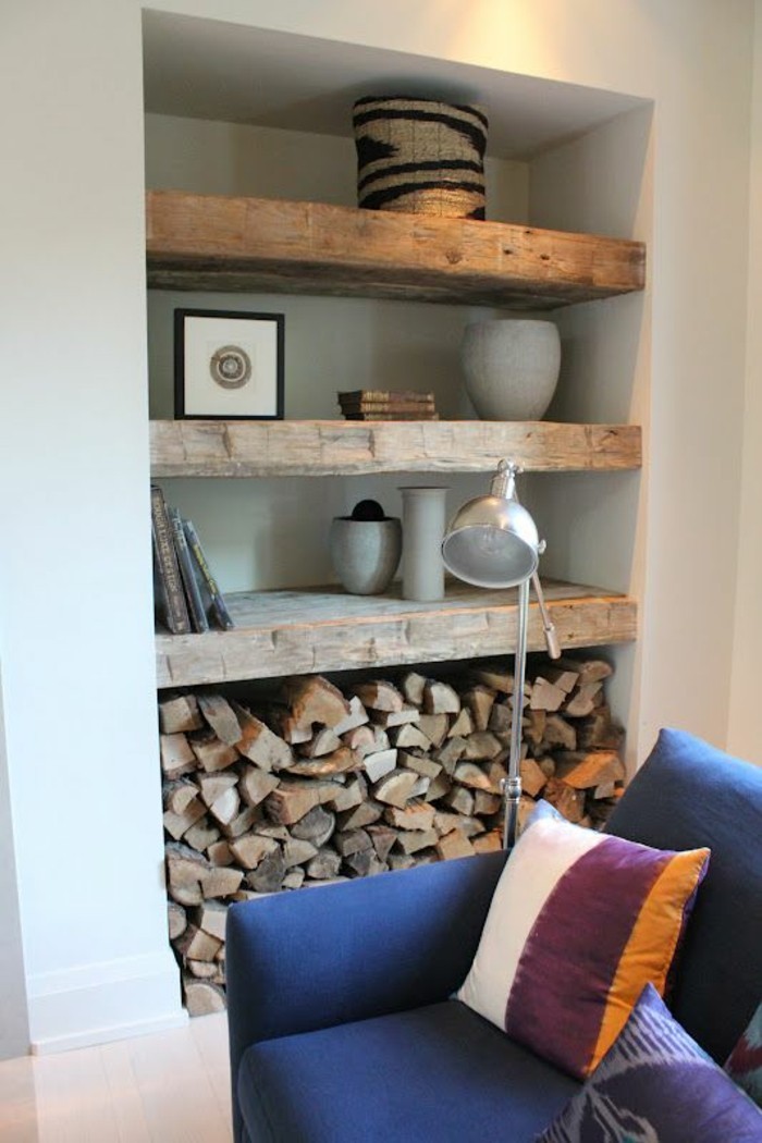 wohnzimmer ideen kamin design stauraum brennholz nische