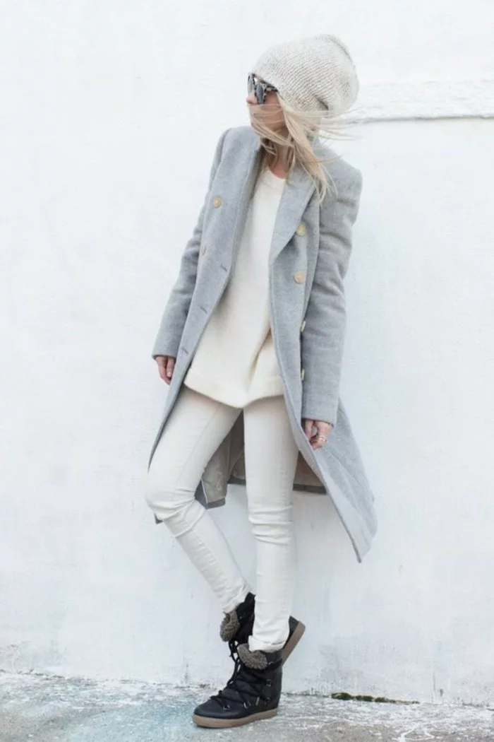 grauer mantel outfit wintermode damenmantel zweireihig