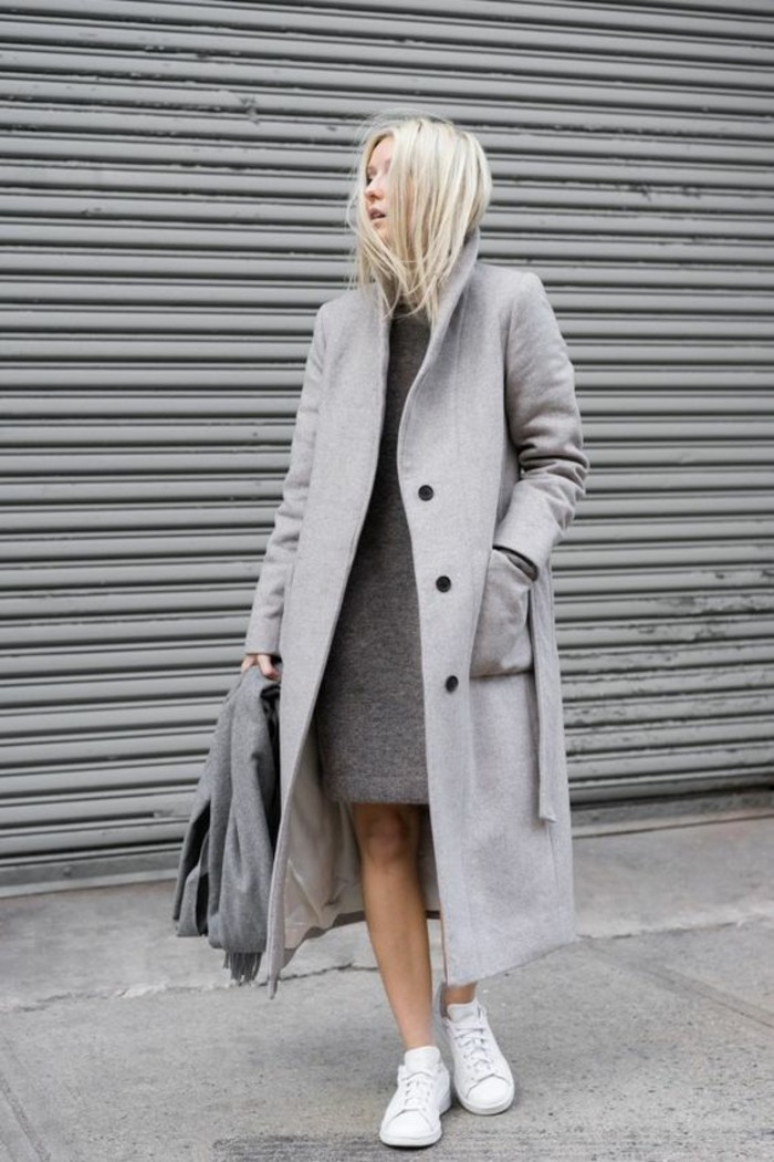 grauer mantel outfit wintermode trends damenmantel lang