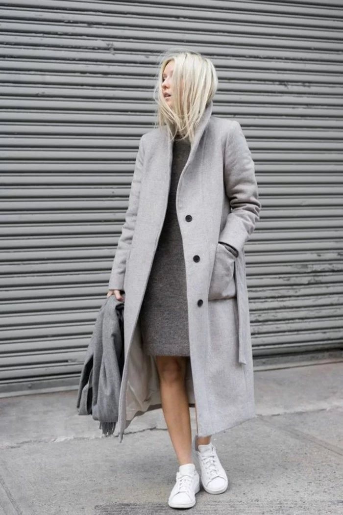 grauer mantel outfit wintermode trends damenmantel lang