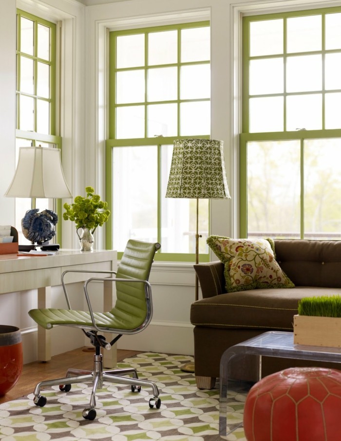 home office einrichten wohnideen wohnzimmer grüner arbeitsstuhl