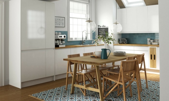 küchen ideen holzmöbel schöner teppich grüne küchenrückwand