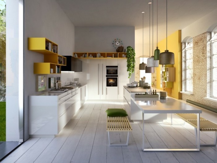 küchengestaltung moderne kuchenmobel italienisches kuchendesign gelbe oberschranke weiser esstisch