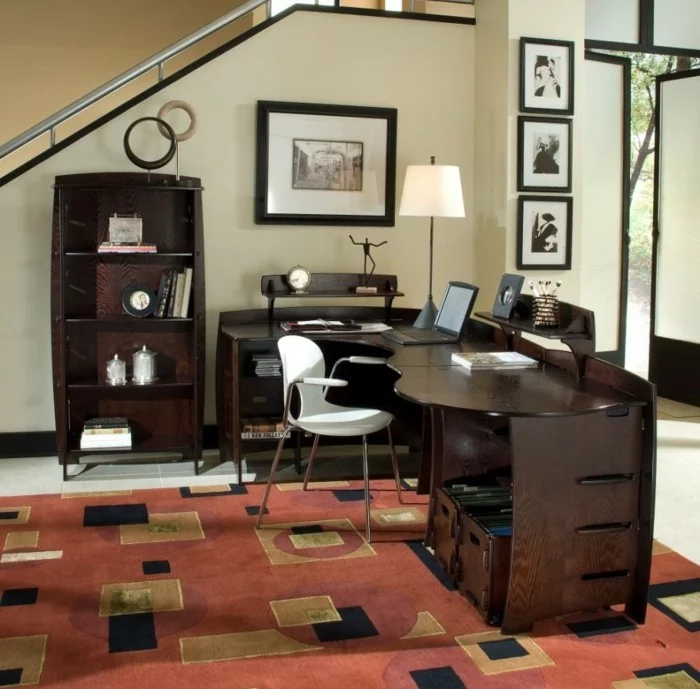 moderne inneneinrichtung home office gestalten teppich dunkles mobiliar