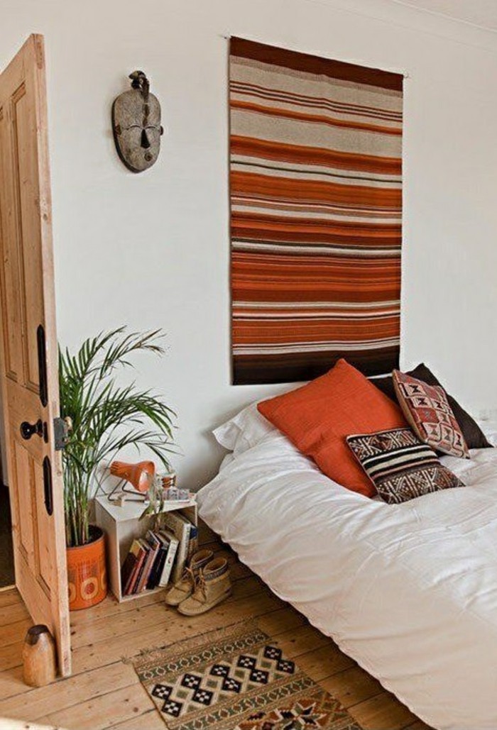 wohnideen schlafzimmer kopfbrett teppichläufer farbig