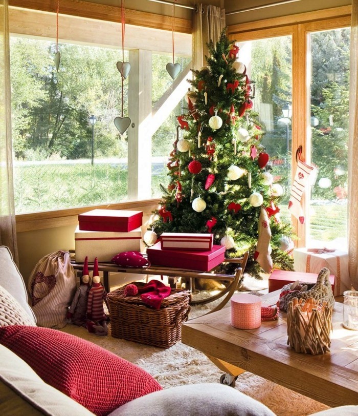 wohnzimmer gestalten weihnachten weihnachtsbaum rote akzente