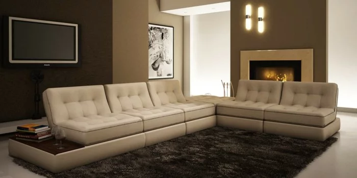 moderne sofas gepolstert ledercouch beige brauner teppich hochflor
