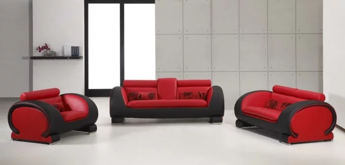 moderne sofas grau stoff gepolster wohnzimmer ideen rot schwarz
