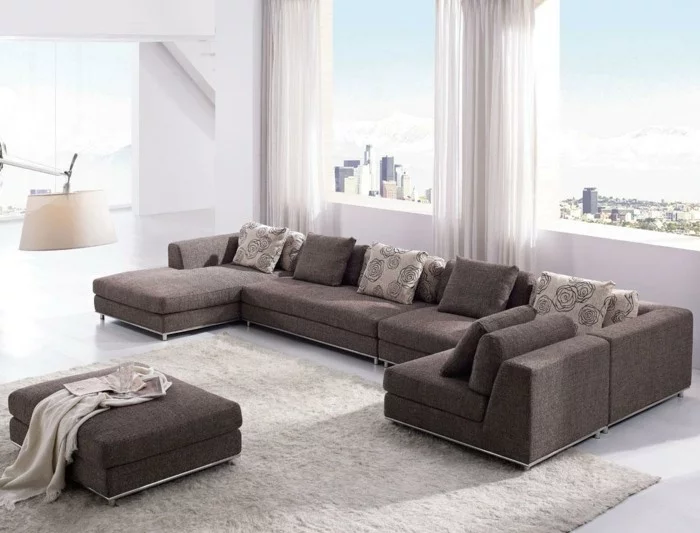 moderne sofas grau stoff wohnzimmer ideen teppich creme