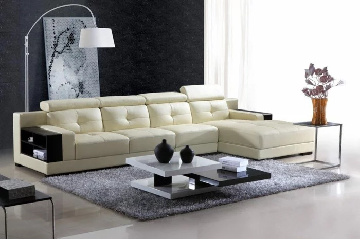 moderne sofas leder module grauer hochflorteppich wohnzimmereinrichtung