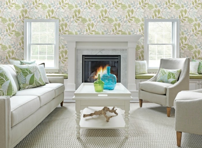 moderne sofas weisse wohnzimmermoebel florale tapete