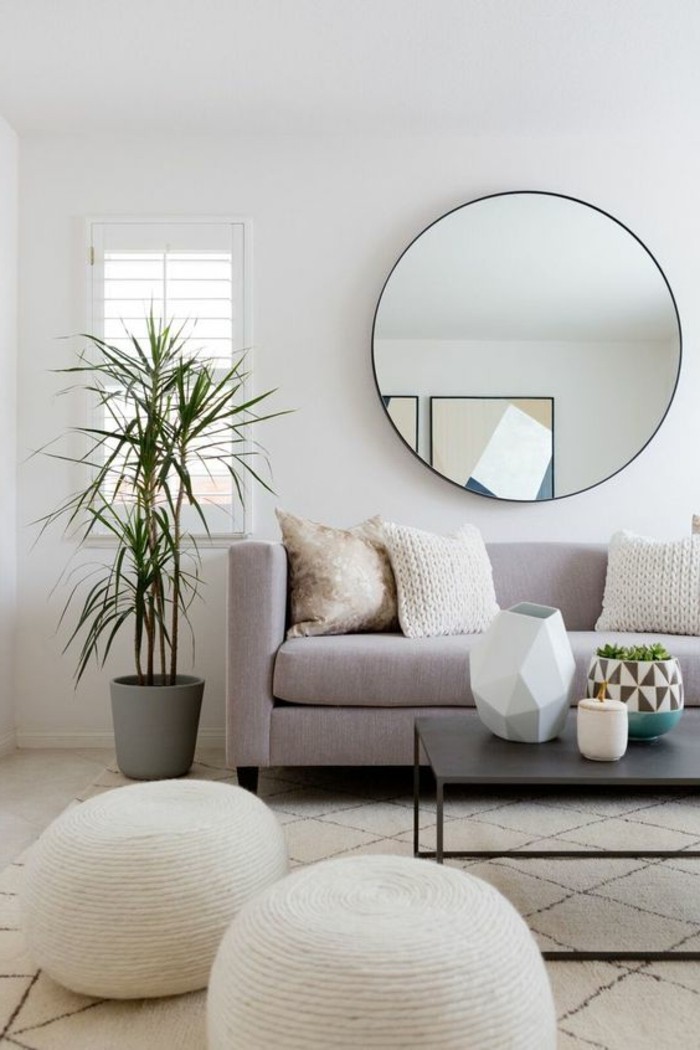moderne sofas wohnzimmer einrichten hocker runder wandspiegel