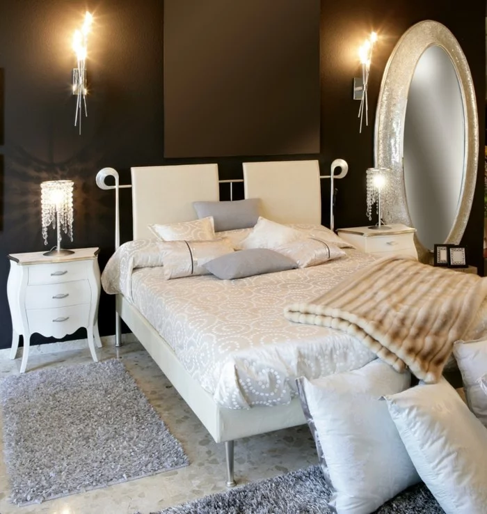 schlafzimmergestaltung dunkle wandfarbe hellgraue teppiche