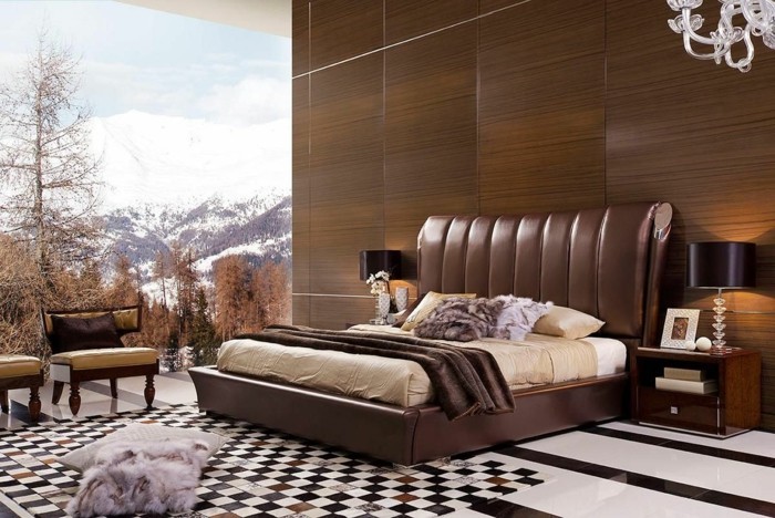 schlafzimmergestaltung luxurioeses bettkopfteil cooler teppich