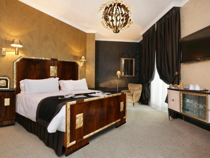 schlafzimmergestaltung wandtapete teppichboden luftige gardinen schwarze gardinen