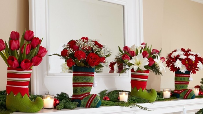 weihnachtsdeko diy ideen gestrichte uebertoepfe vasen blumen tulpen rosen