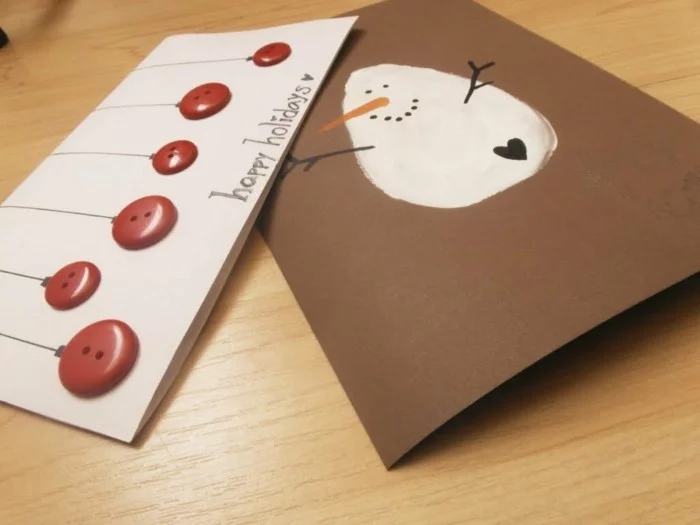 weihnachtskarten basteln diy geschenkpapier schneemann rote knopfe