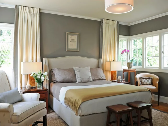wohnideen schlafzimmer elegantes design gardinen creme