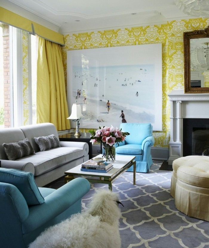 wohnideen wohnzimmer blaue sessel graues sofa gelbe akzente