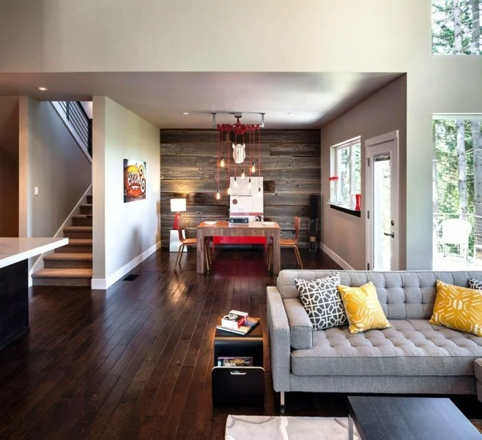 wohnideen wohnzimmer holzboden graues sofa offener wohnplan