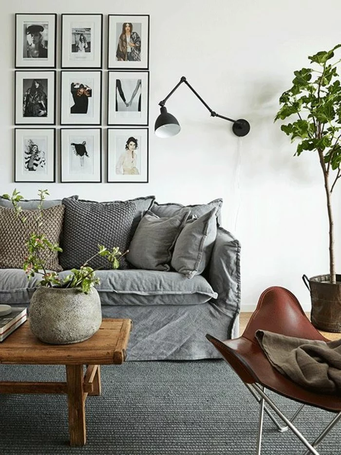 wohnideen wohnzimmer sofabezug grau pflanze wandbilder grauer teppich