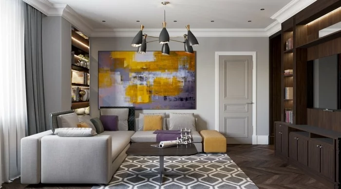 moderne einrichtungsideen wohnzimmer lila akzente graues ecksofa geometrischer teppich