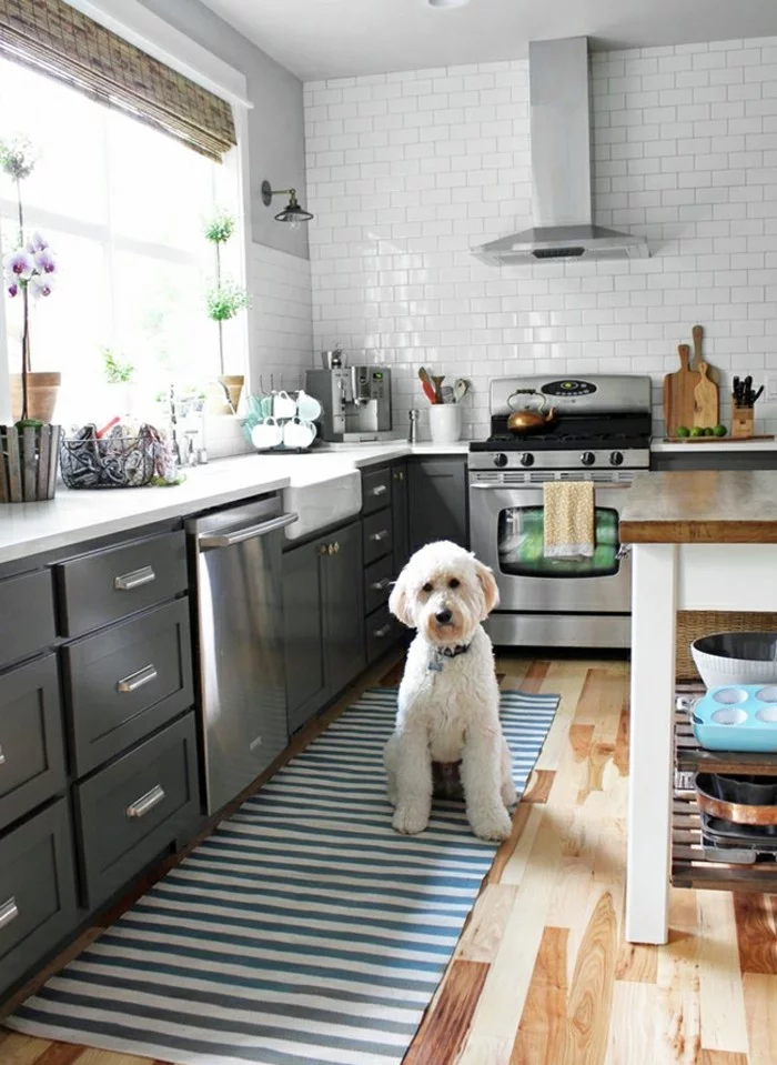 kücheneinrichtung streifenteppich graue küchenschränke