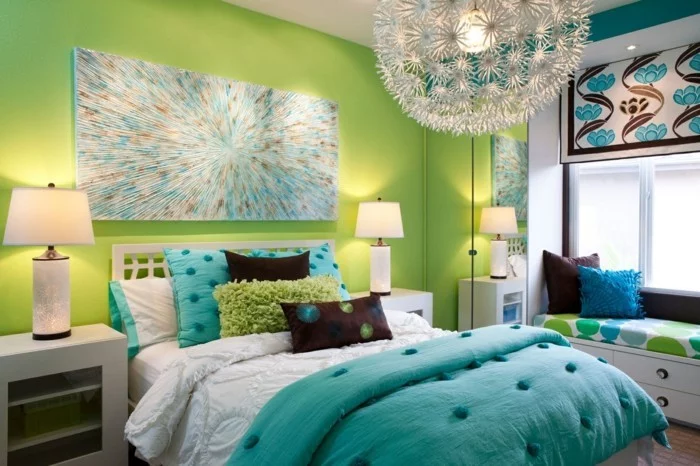 schlafzimmer ideen wandgestaltung grüne wand wandbild schöne bettwäsche
