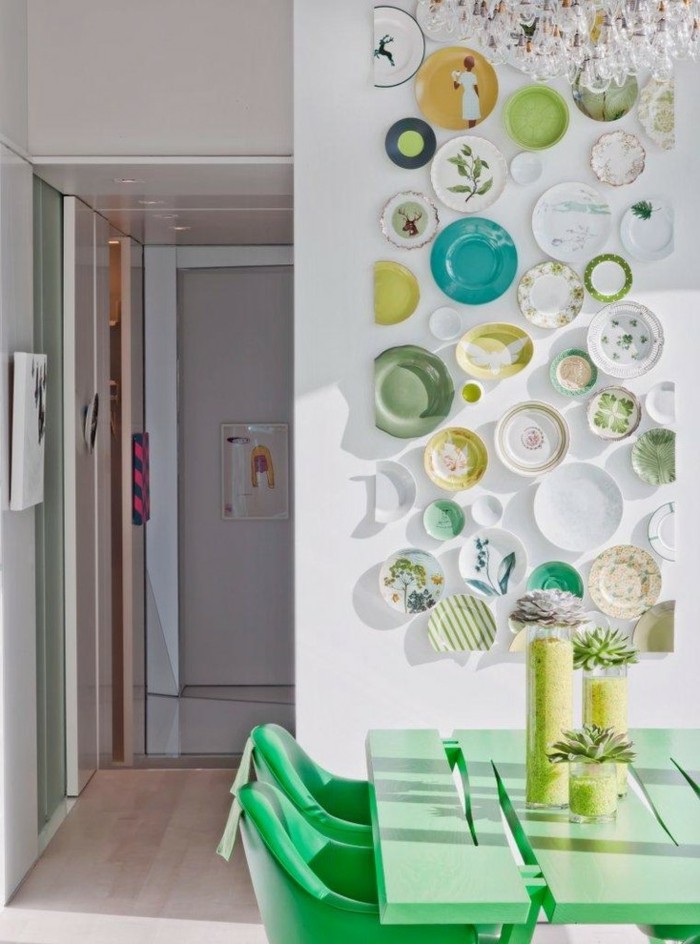 wanddesign ideen wohnideen küche teller wanddeko grüne möbel