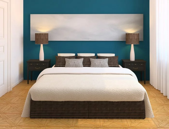 schlafzimmer ideen blaue wandfarbe weiße gardinen