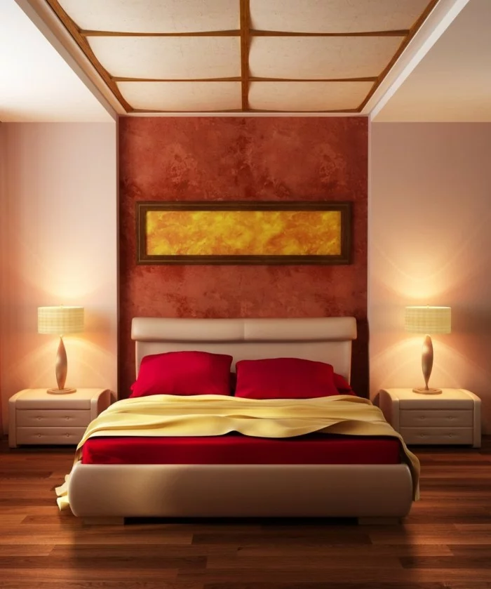 wohnideen schlafzimmer schöne akzentwand rote bettwäsche