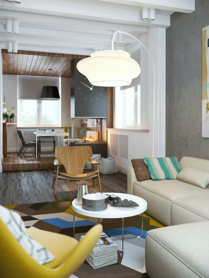 moderne einrichtungsideen wohnzimmer gelber sessel ecksofa offener wohnplan