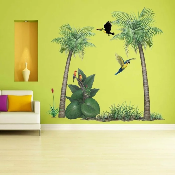 wandtattoos baum palmen grüne wand farbige dekokissen