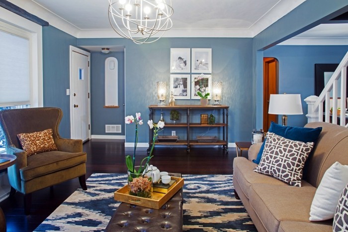 wohnideen wohnzimmer eklektisch blaue wände orchidee