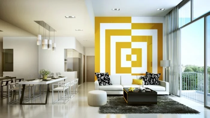 gelb-weisse-3D-motive-im-wohnzimmer
