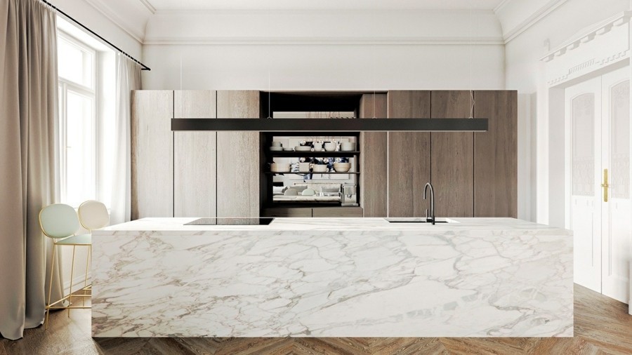 grosse kücheninsel aus marmor in der modernen kücheneinrichtung