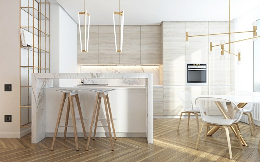 kücheneinrichtung mit marmor kücheninsel und küchenrückwand