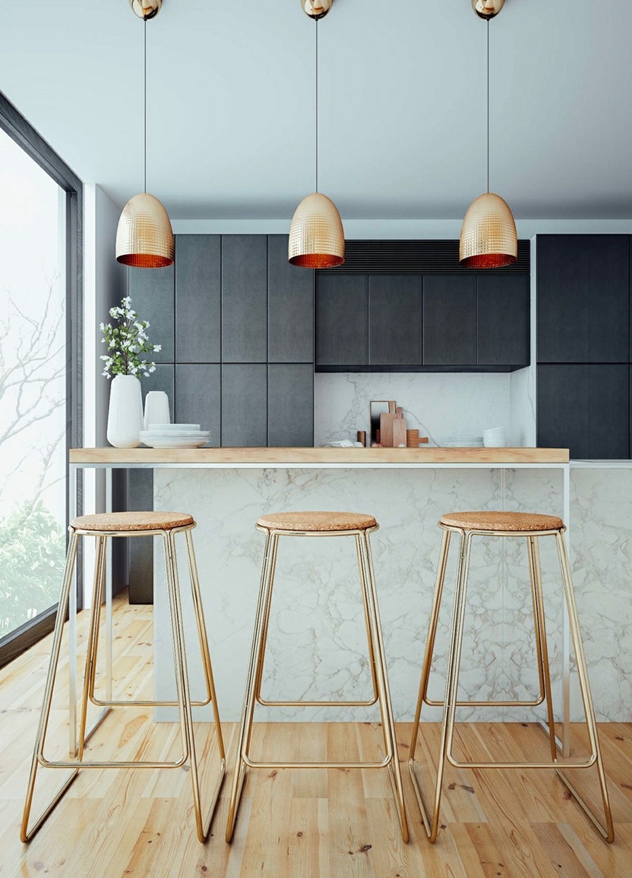 kücheninsel mit marmor arbeitsfläche holz und hängeleuchten aus messing