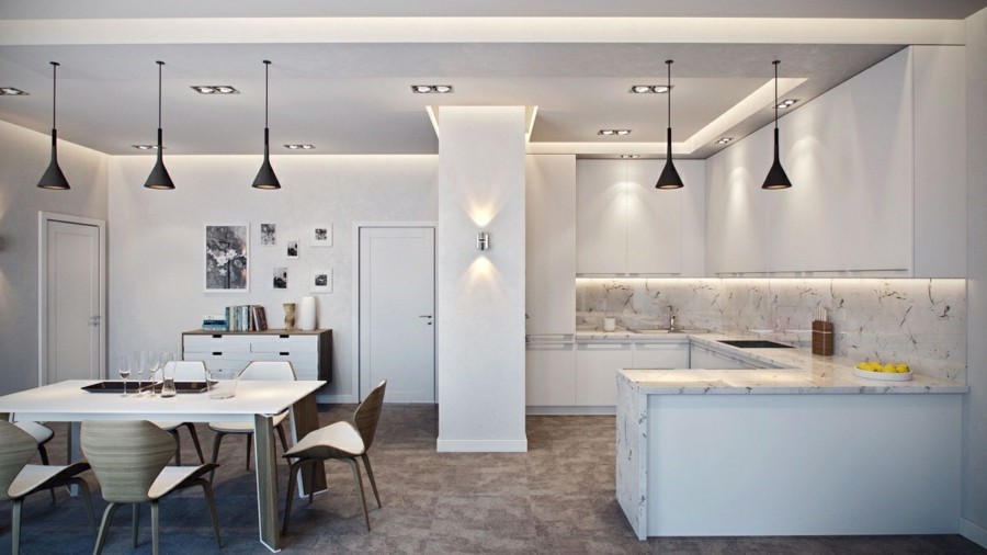 küchenrückwand marmor mit feiner maserung moderne beleuchtung pentelleuchten