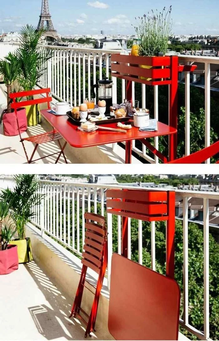 platzsparende moebel kleinen balkon gestalten ganzer balkon klappstuehle rot