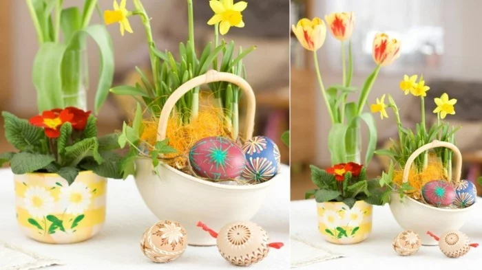 primel narzissen tulpen in keramik mit sorbischen eiern