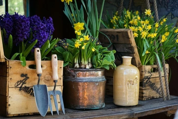 DIY günstige Gartenideen mit alten Holzkisten und Frühlingsblumen