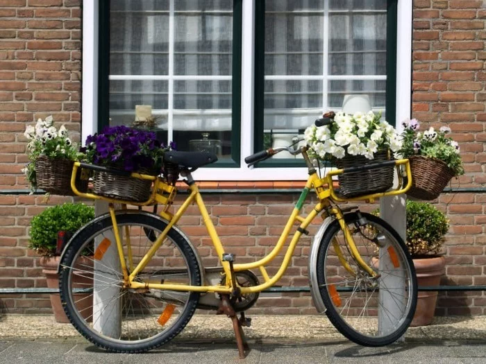 gartengestaltung ideen den garten organisieren mit einem fahrrad pflanzenbehälter